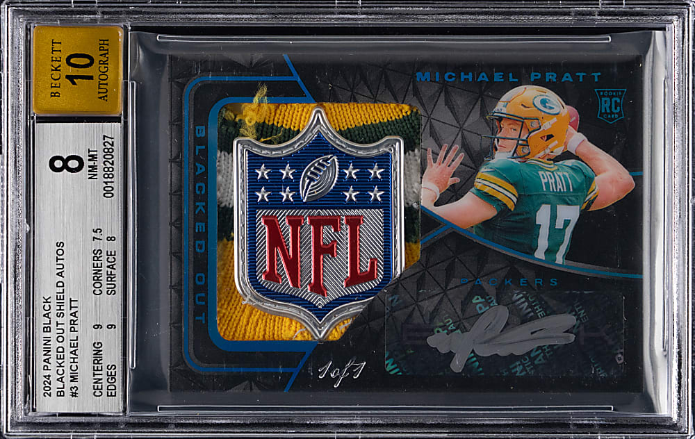 2024 Panini Black Football "Blacked Out" Shield Autographs #3 Michael Pratt Rookie #1/1 BGS NM-MT 8 with 10 Autograph Grade