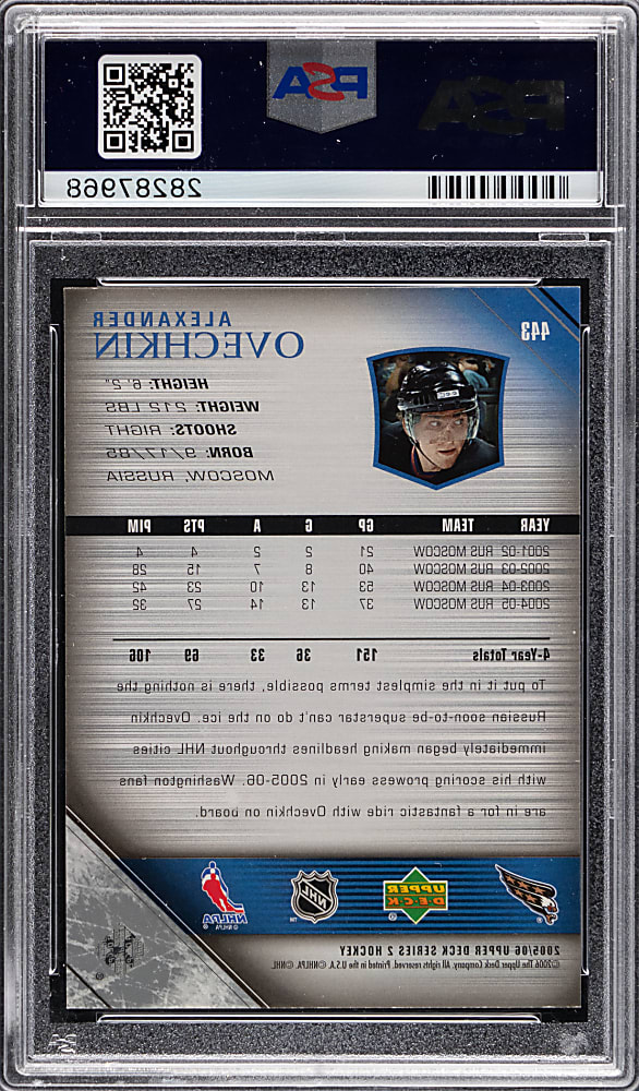 2005-2006 Upper Deck Hockey #443 Alexander Ovechkin Rookie PSA GEM MINT 10