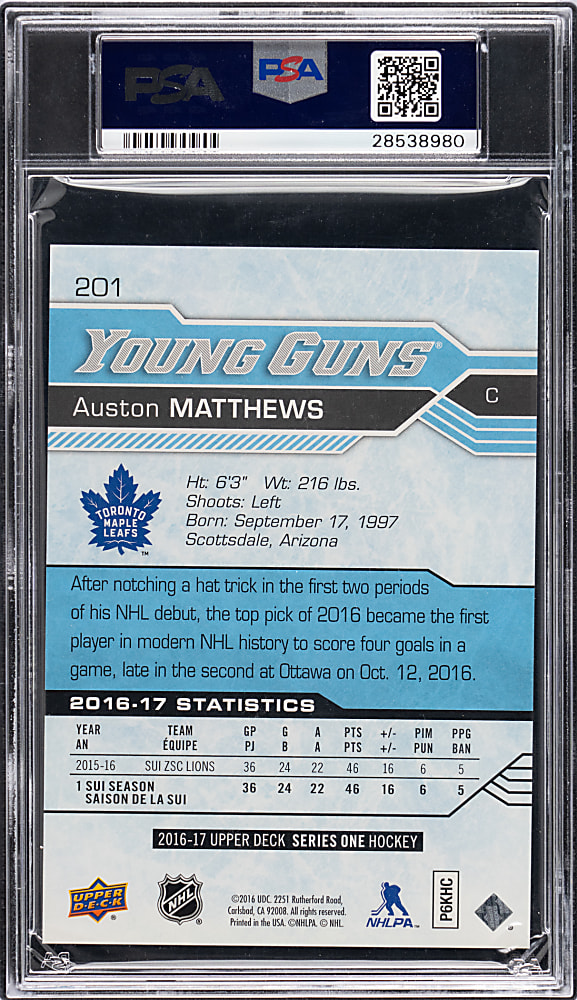 2016-2017 Upper Deck Hockey #201 Auston Mathews Young Guns Rookie Jumbo PSA GEM MINT 10
