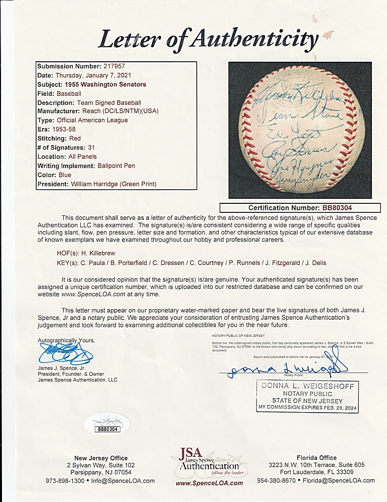 1955 Washington Senators Team-Signed OAL/Harridge Baseball with (31) Signatures Including Rookie Year Harmon Killebrew Plus Original Box & Full JSA LOA