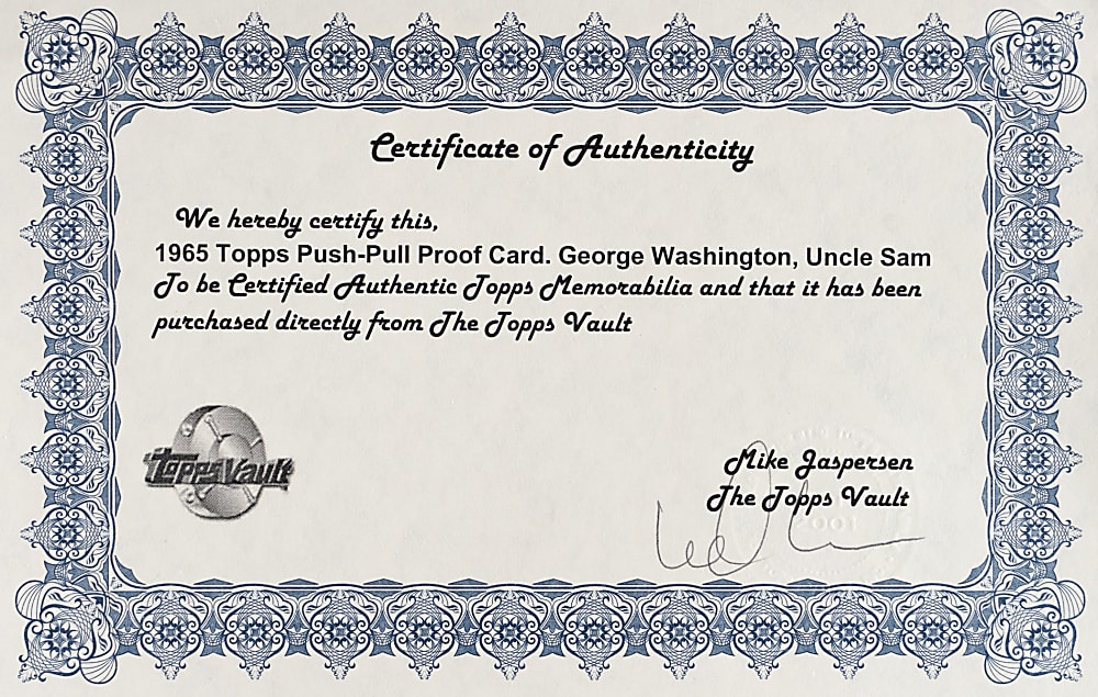1965 Topps Push-Pull #4 George Washington/Uncle Sam Proof Card - Topps Vault COA