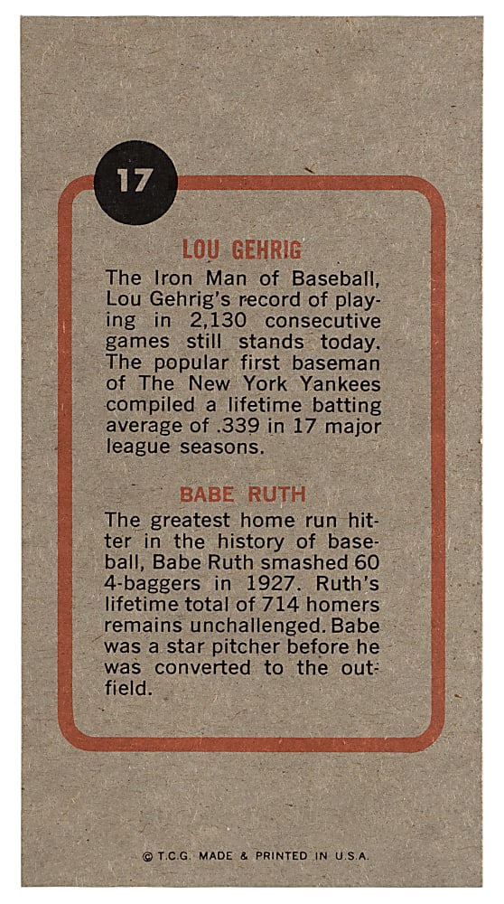 1965 Topps Push-Pull #17 Babe Ruth/Lou Gehrig Proof Card - Topps Vault COA