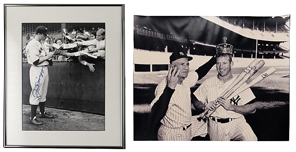 New York Yankees Hall of Famer Signed Large Photograph Pair with Joe DiMaggio in Framed Display & Mickey Mantle