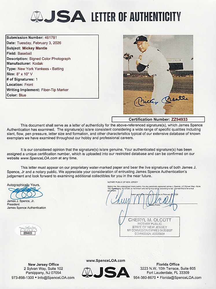 Mickey Mantle Single-Signed Color 8x10 Photograph - Full JSA LOA