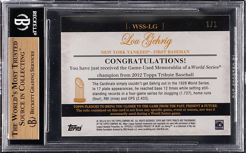 2012 Topps Tribute Lou Gehrig World Series Swatches Game-Used Bat Relic Purple #1/1 BGS GEM MINT 9.5