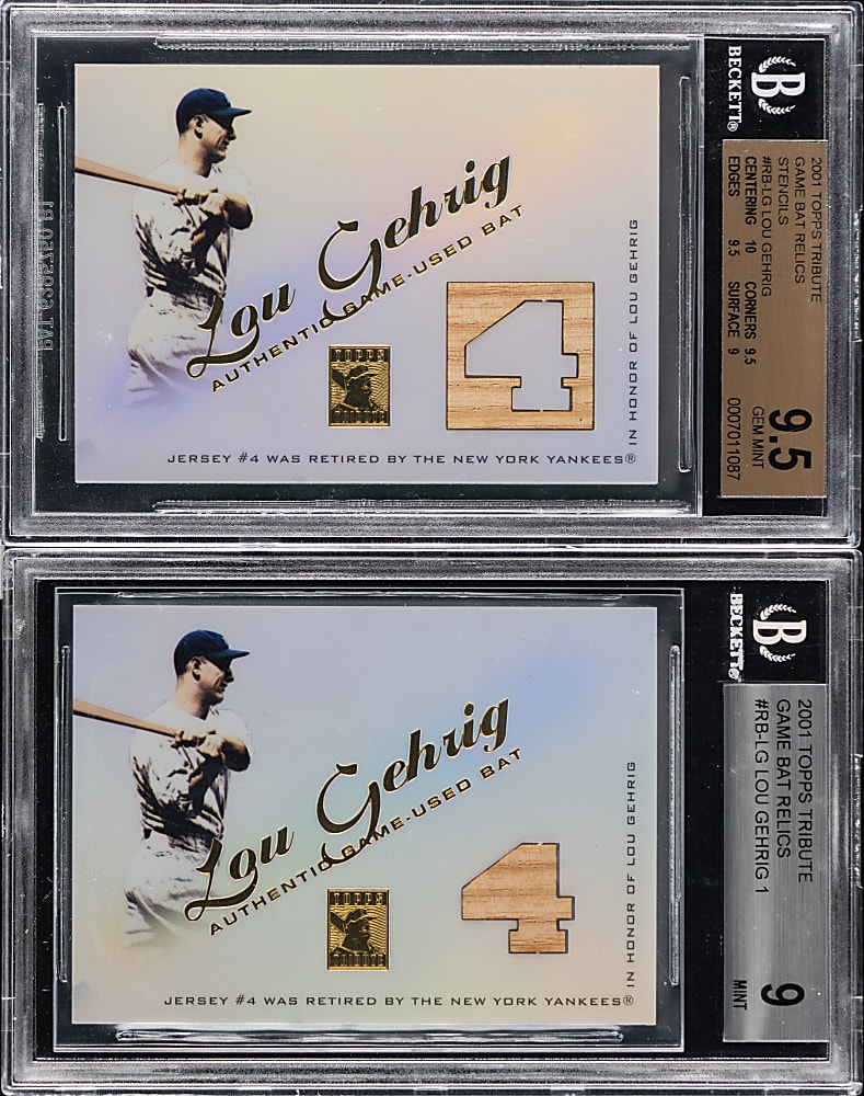 2001 Topps Tribute Lou Gehrig Game-Used Bat Relic Pair (Both Variations) with BGS MINT 9 & Stencil BGS GEM MINT 9.5