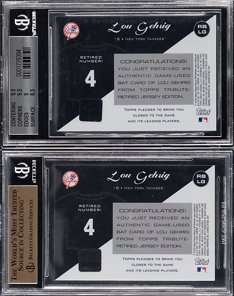 2001 Topps Tribute Lou Gehrig Game-Used Bat Relic Pair (Both Variations) with BGS MINT 9 & Stencil BGS GEM MINT 9.5