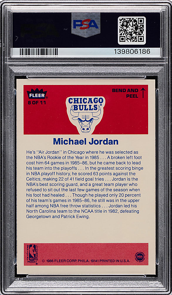1986-1987 Fleer Basketball Stickers #8 Michael Jordan Rookie PSA MINT 9
