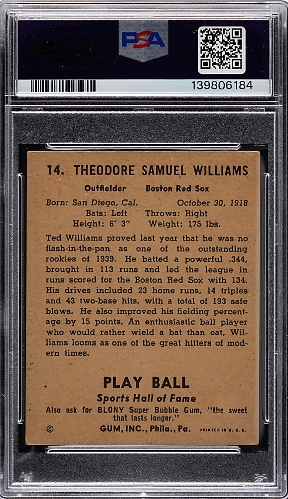 1941 Play Ball #14 Ted Williams PSA VG 3