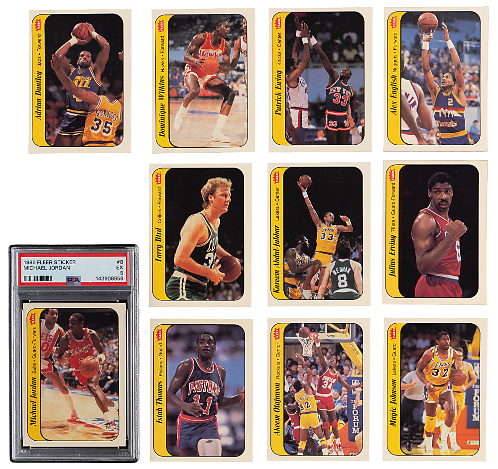 1986-1987 Fleer Basketball Stickers Complete Set (11) with #8 Michael Jordan Rookie PSA EX 5