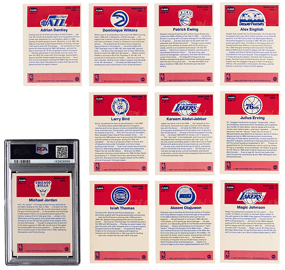 1986-1987 Fleer Basketball Stickers Complete Set (11) with #8 Michael Jordan Rookie PSA EX 5