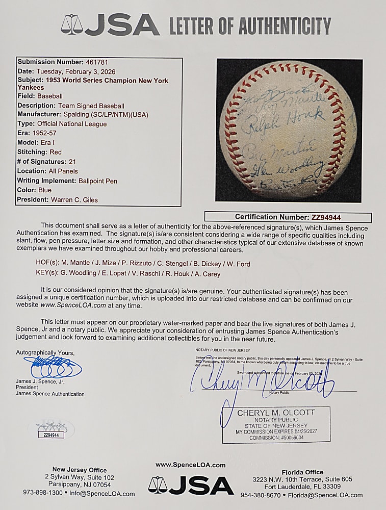 1953 World Series Champion New York Yankees Team-Signed Baseball with (21) Signatures Including Mickey Mantle - Full JSA LOA