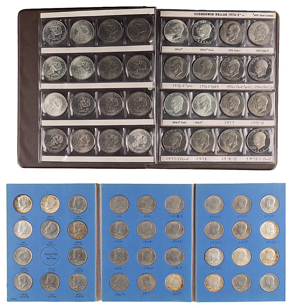1850s-1970s U.S. Coin Partial Sets in Albums (12) with Eisenhower Dollars & Kennedy Half Dollars