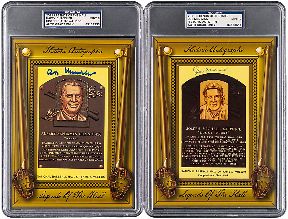 2011 HA Legends of the Hall Signed Chandler & Medwick Yellow HOF Postcards - Both PSA MINT 9 Auto