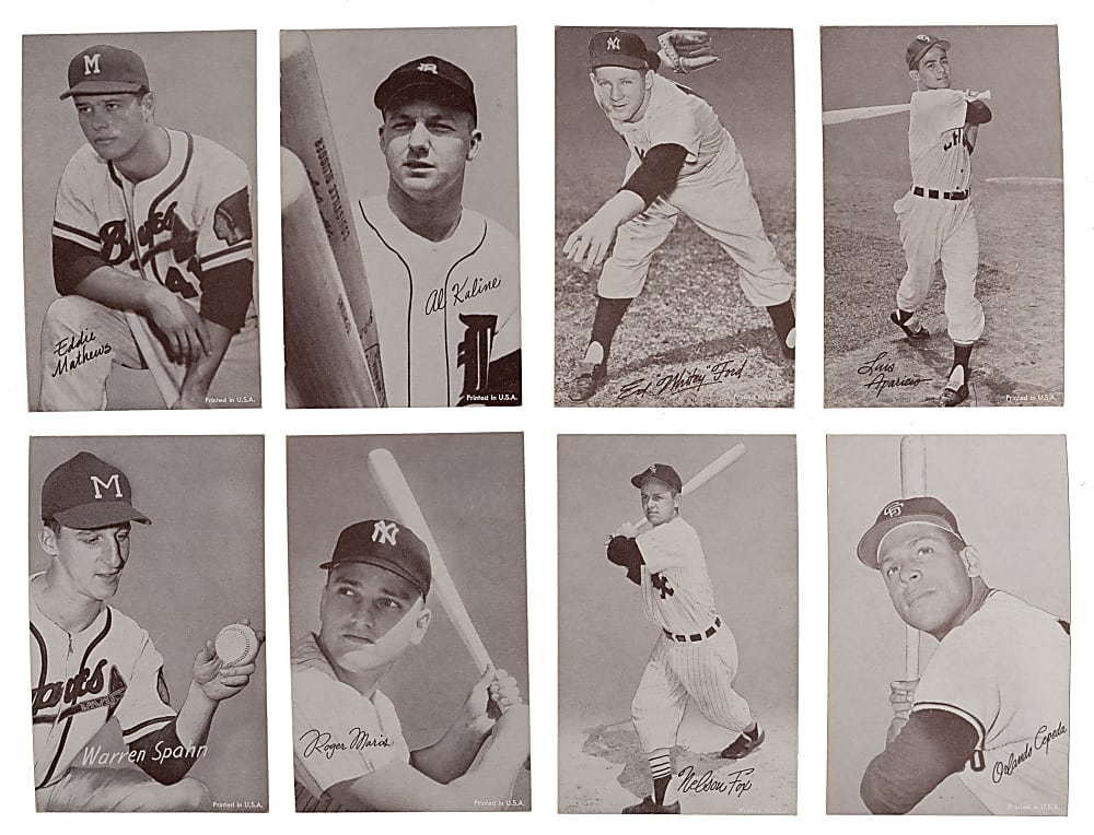 1962 Exhibit Stat Back Partial Set (31) Plus One Duplicate - (32) Total Cards with (15) Hall of Famers Including Aaron, Mays & Mantle