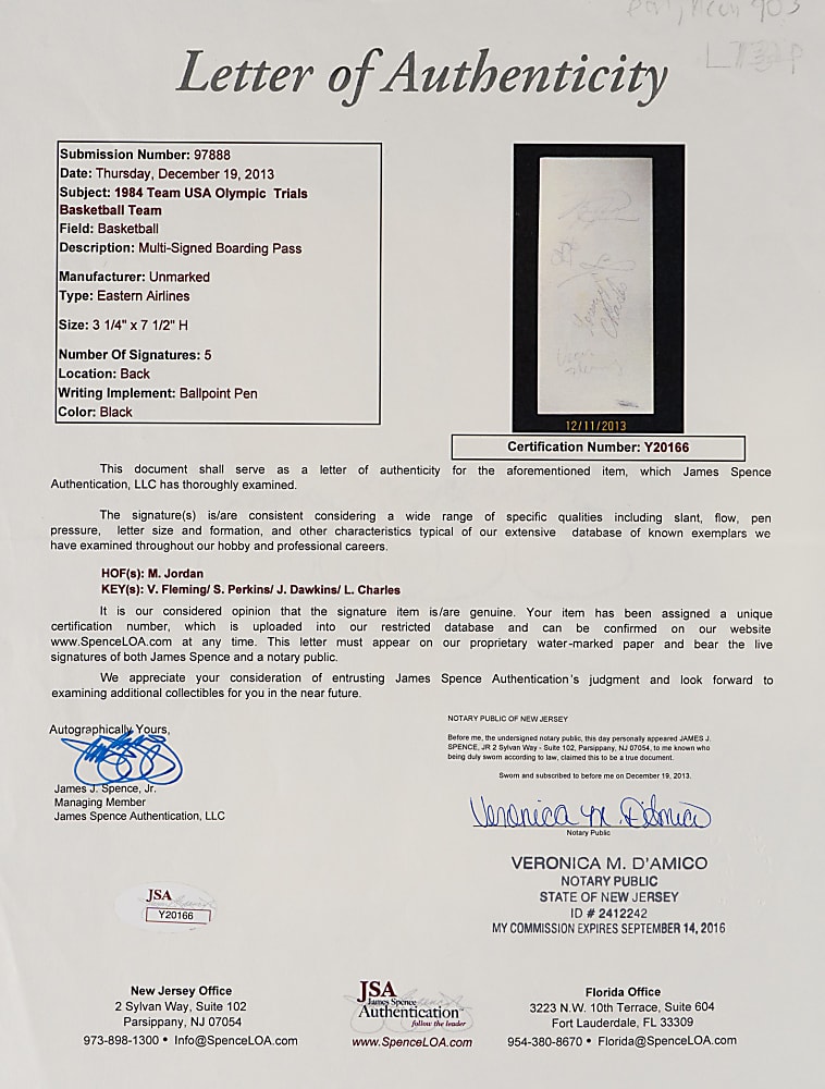 1984 Team USA Olympic Basketball Trials Multi-Signed Boarding Pass with Michael Jordan - PSA/DNA Authentic & Full JSA LOA