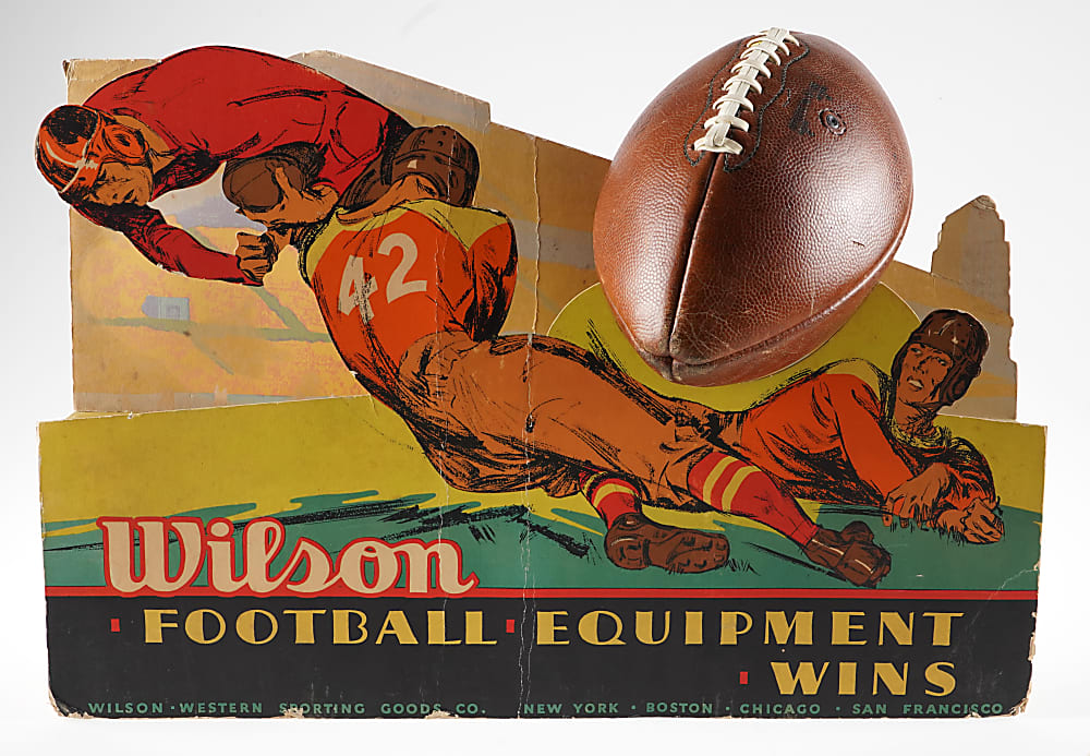 Circa 1940s Wilson Football Equipment Die-Cut Advertising Display with Football