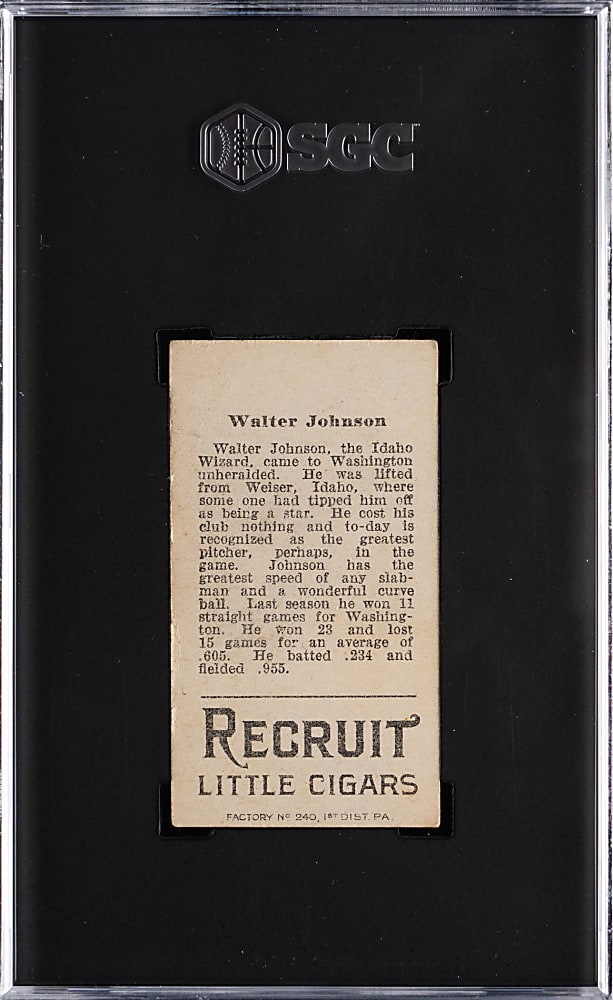 1912 T207 Recruit Cigars Walter Johnson SGC GOOD 2