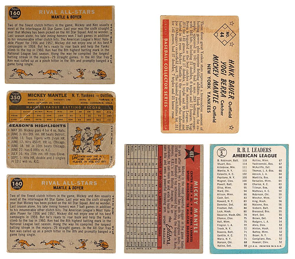 1953-1965 Topps & Bowman Mickey Mantle Collection (6) with 1953 Bowman Color #44 & 1960 Topps #350