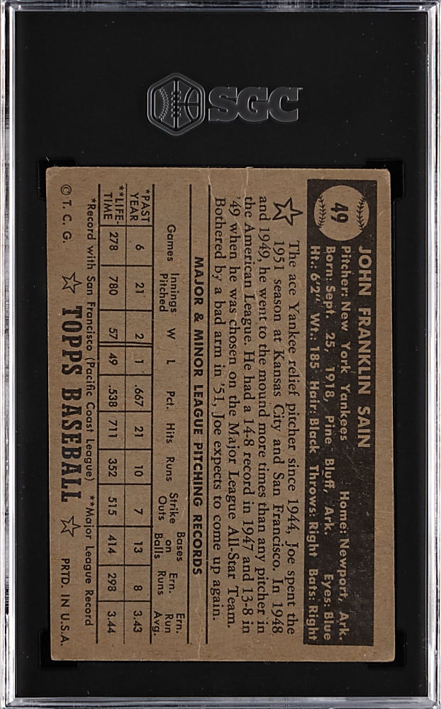 1952 Topps #49 Johnny Sain Joe Page Bio Black Back SGC POOR 1