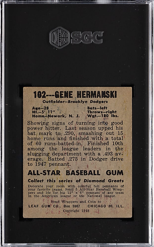 1948 Leaf #102 Gene Hermanski Error "Hermansk" SGC POOR 1