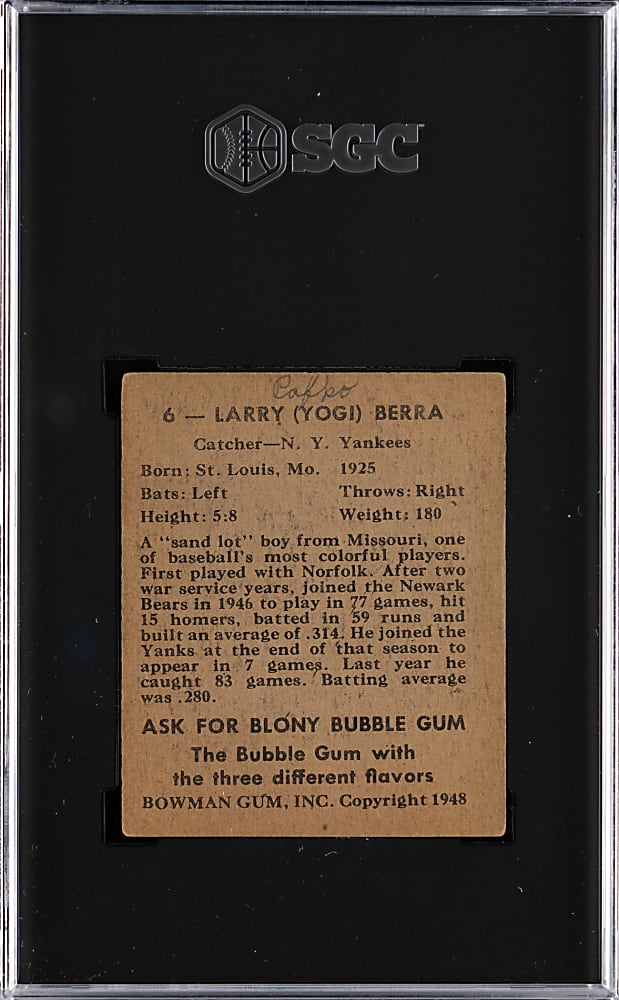 1948 Bowman #6 Yogi Berra Rookie SGC FAIR 1.5