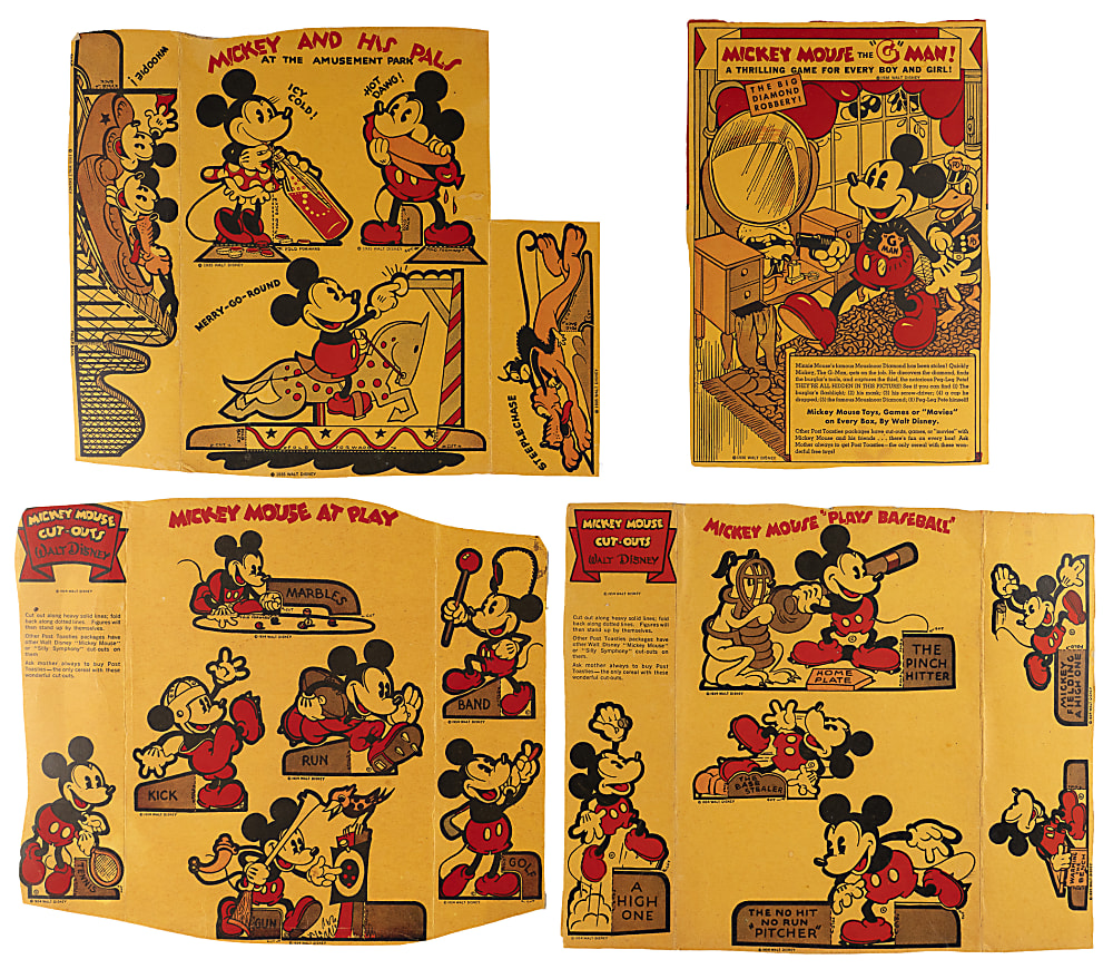 1934-1935 Disney Post Toasties Cereal Box Panel Collection (31) with Mickey Mouse Plays Baseball Panel