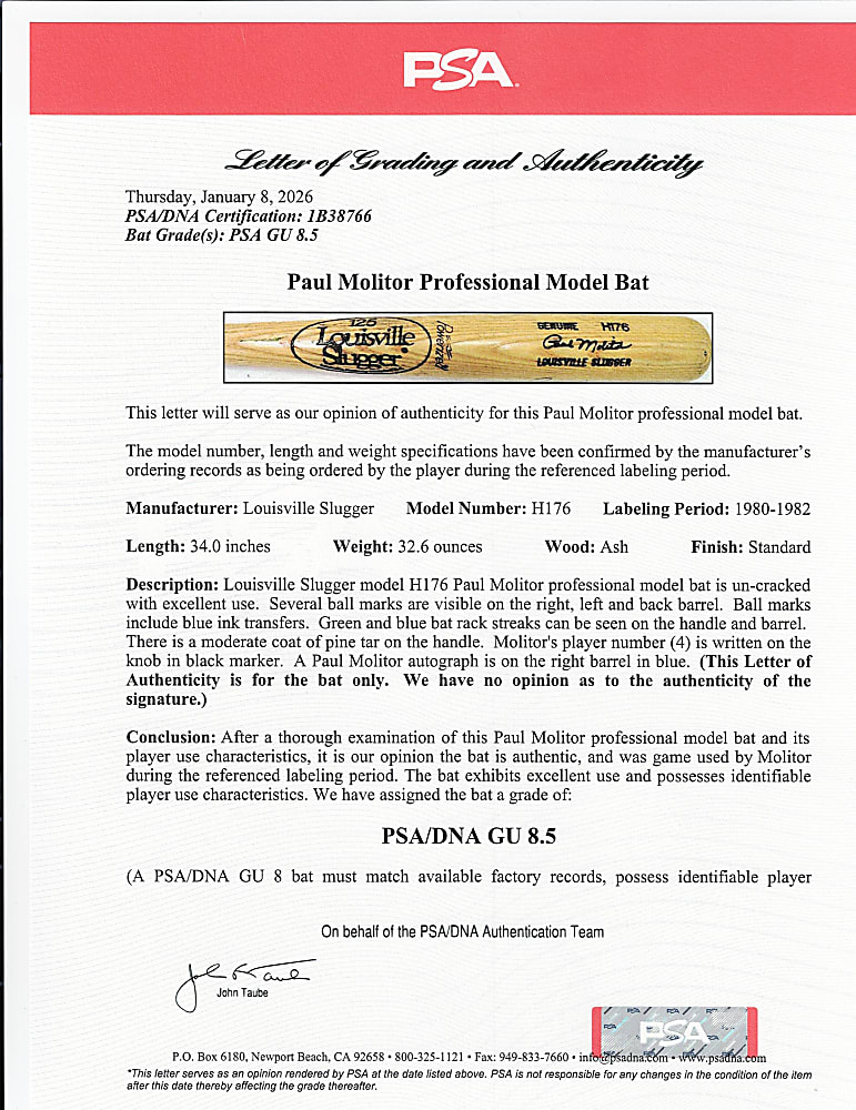 1980-1982 Paul Molitor Signed Game-Used Milwaukee Brewers Bat - PSA/DNA GU 8.5