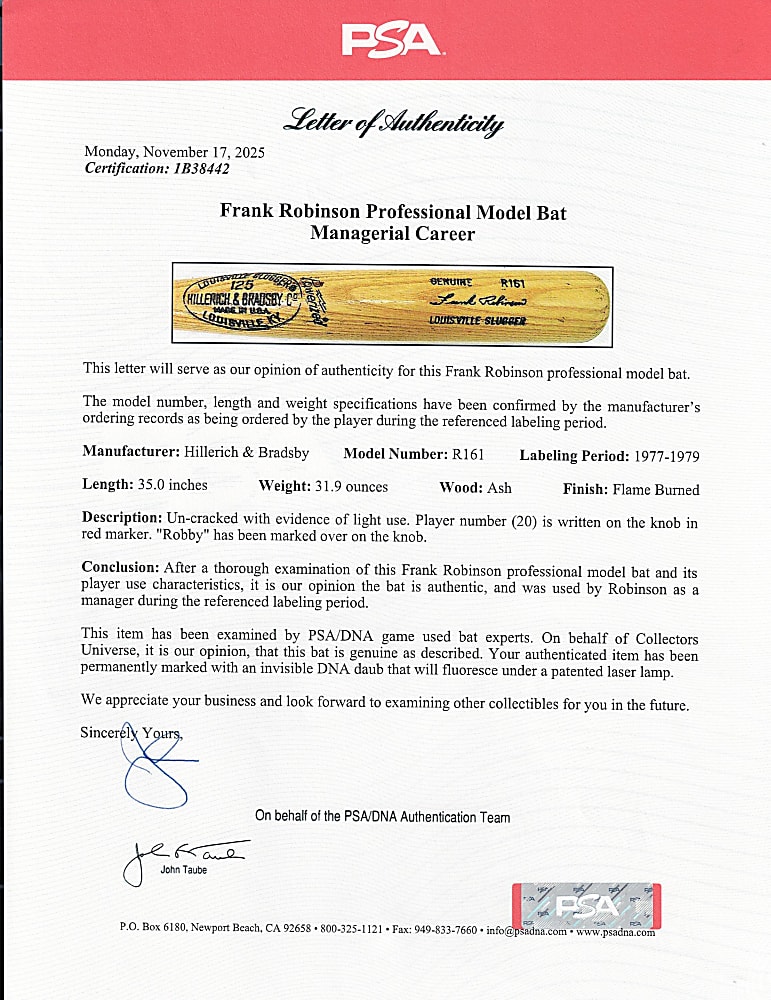 1977-1979 Frank Robinson Cleveland Indians Practice-Used Managerial Bat with PSA LOA