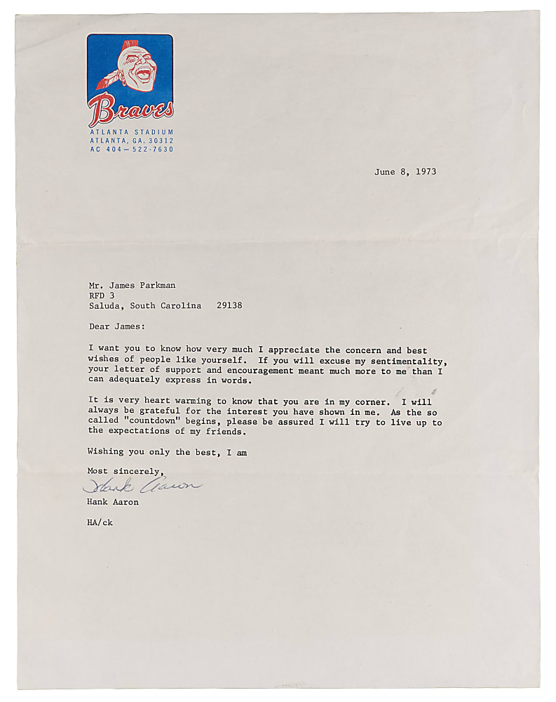 1973 Hank Aaron Typed Signed Letter on Braves Letterhead with Pursuit of MLB Home Run Record Content