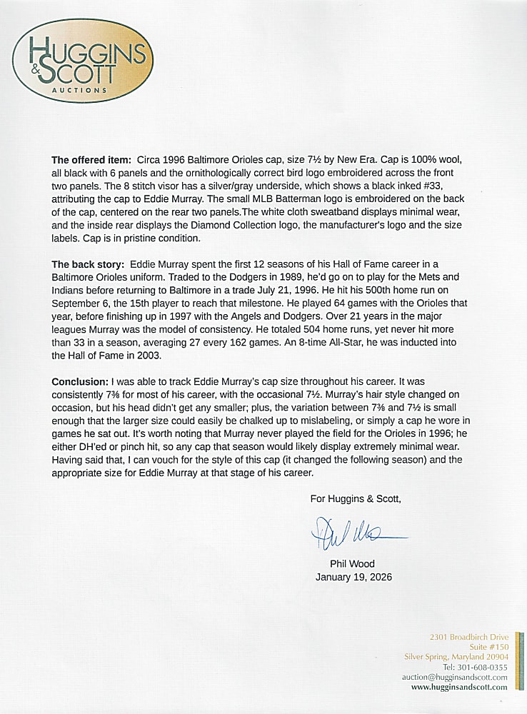 1996 Eddie Murray Attributed Game-Used Baltimore Orioles Cap with Phil Wood LOA