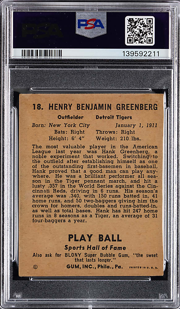1941 Play Ball #18 Hank Greenberg PSA VG 3