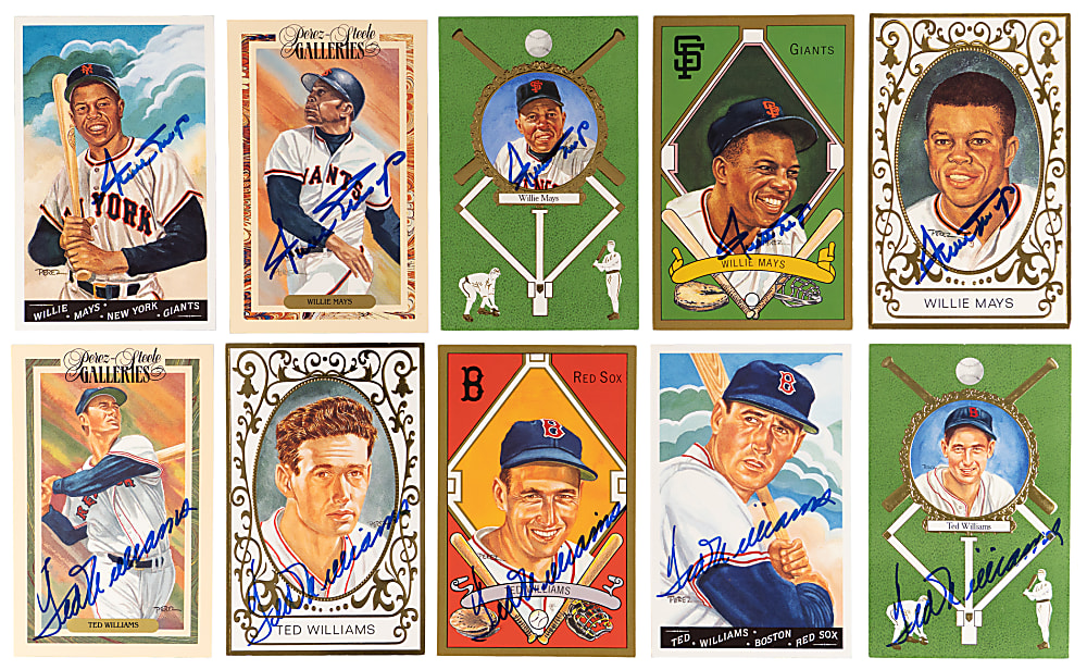 1990-1992 Perez-Steele Master Works Signed Cards (10) with (5) Willie Mays & (5) Ted Williams