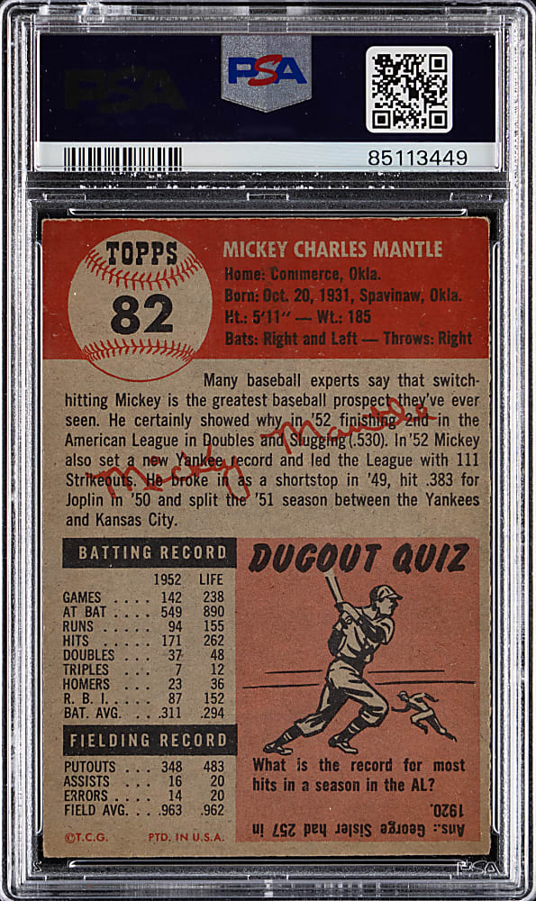 1953 Topps #82 Mickey Mantle PSA EX 5