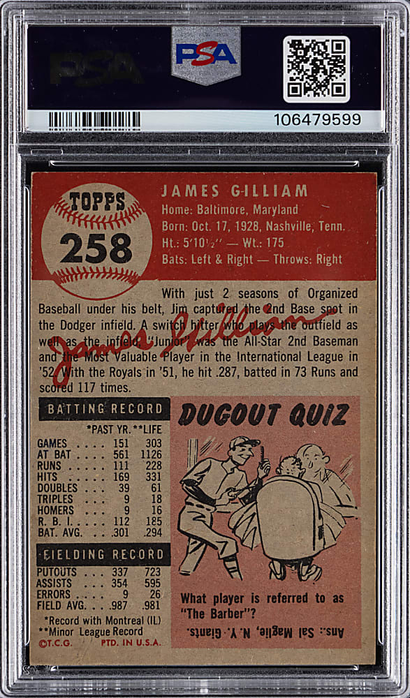 1953 Topps #258 Jim Gilliam Rookie High Number PSA EX-MT 6