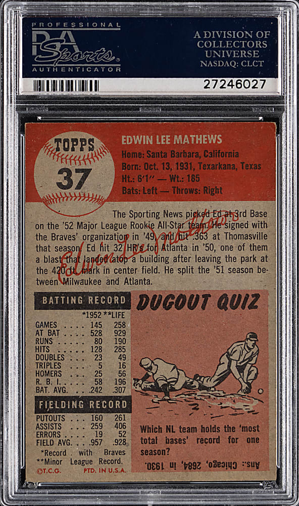 1953 Topps #37 Eddie Mathews PSA EX 5