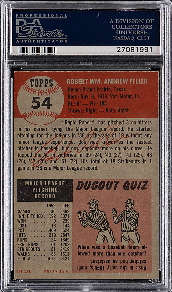 1953 Topps #54 Bob Feller PSA EX 5