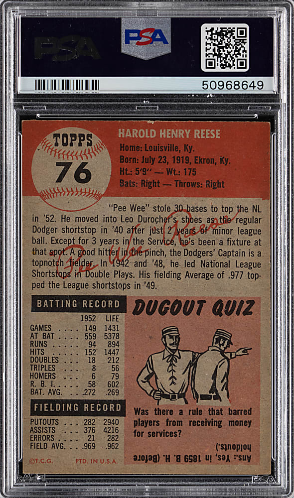 1953 Topps #76 Pee Wee Reese PSA EX 5