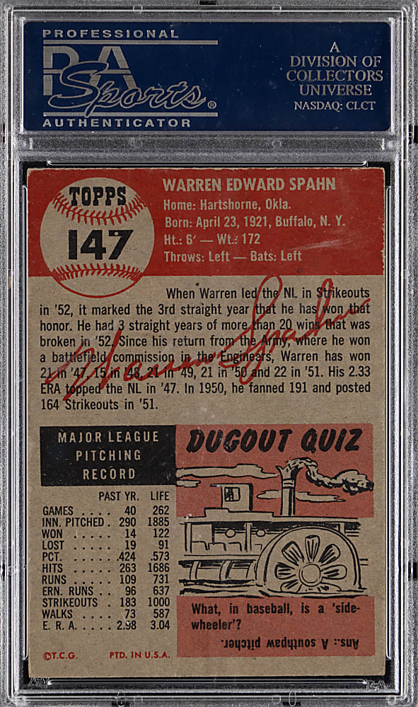 1953 Topps #147 Warren Spahn PSA EX 5
