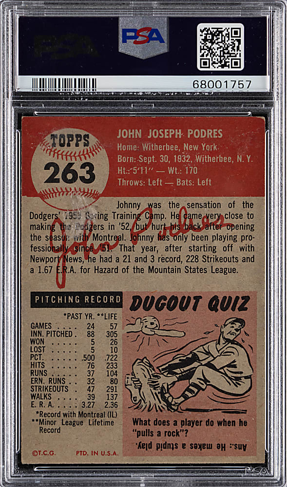1953 Topps #263 Johnny Podres Rookie High Number PSA VG-EX 4