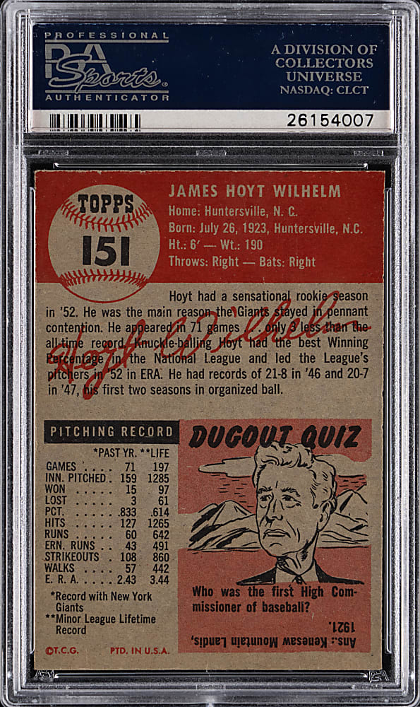 1953 Topps #151 Hoyt Wilhelm PSA EX-MT 6