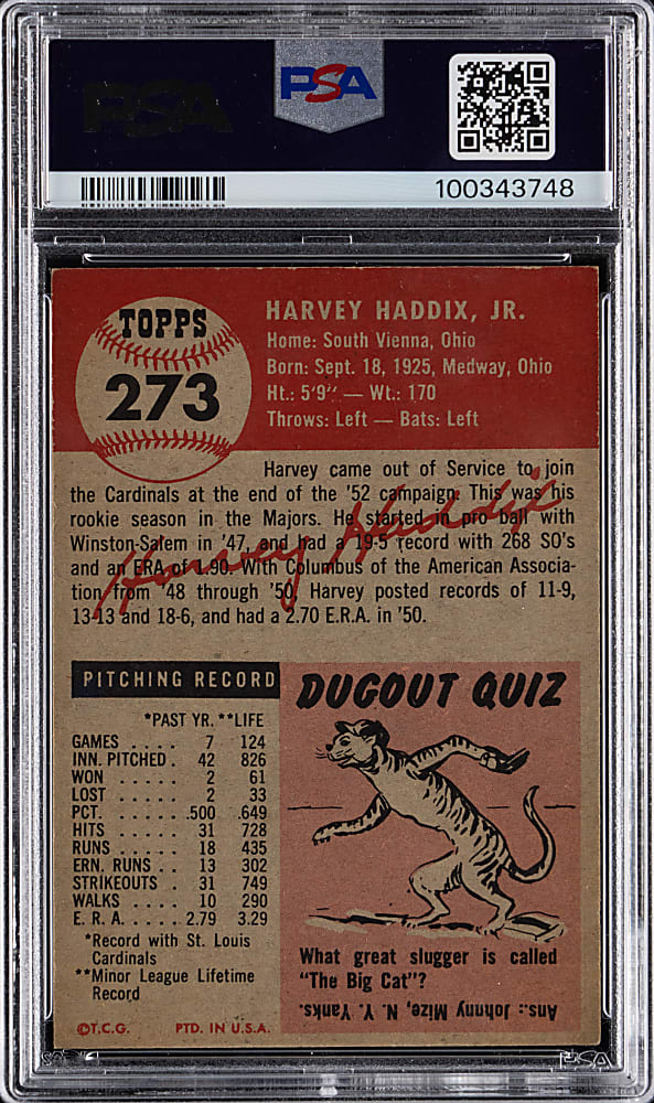 1953 Topps #273 Harvey Haddix Rookie High Number PSA EX 5
