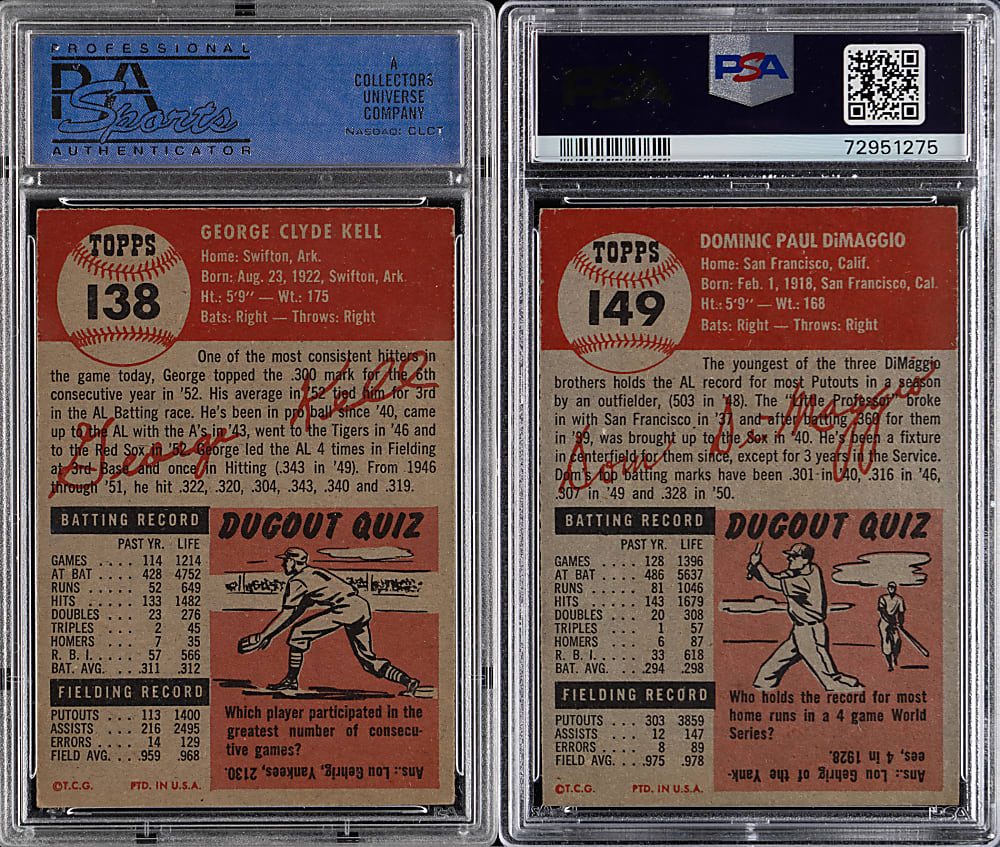 1953 Topps Boston Red Sox Star PSA EX-MT 6 Graded Pair with Dom DiMaggio & George Kell