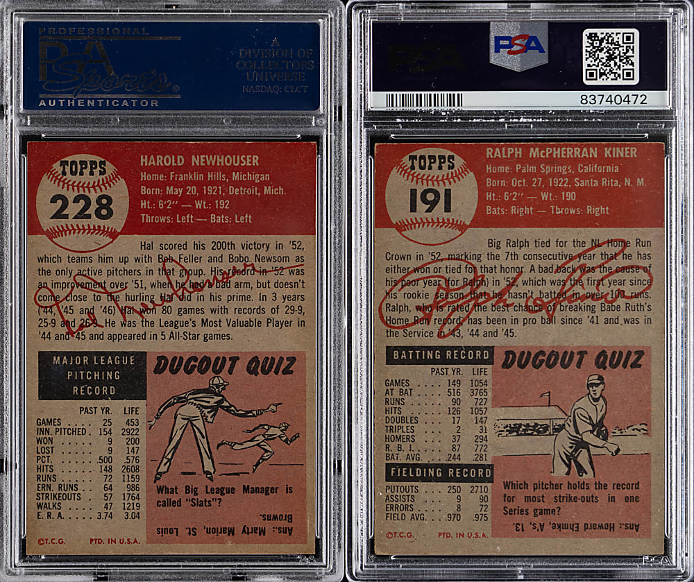 1953 Topps Hall of Fame PSA Graded Pair with Hal Newhouser & Ralph Kiner
