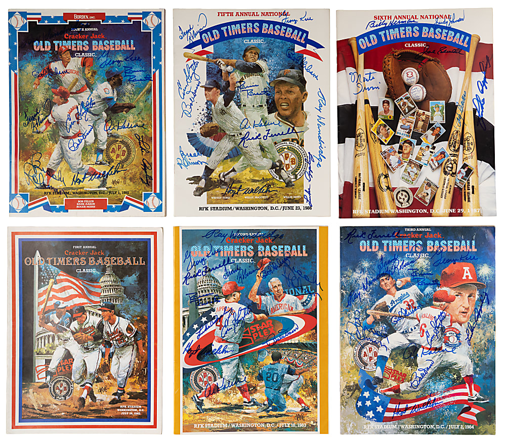 1982-1987 Old Timers Baseball Classic Program/Ticket Stub/Ephemera Collection (13) with (60) Total Signatures