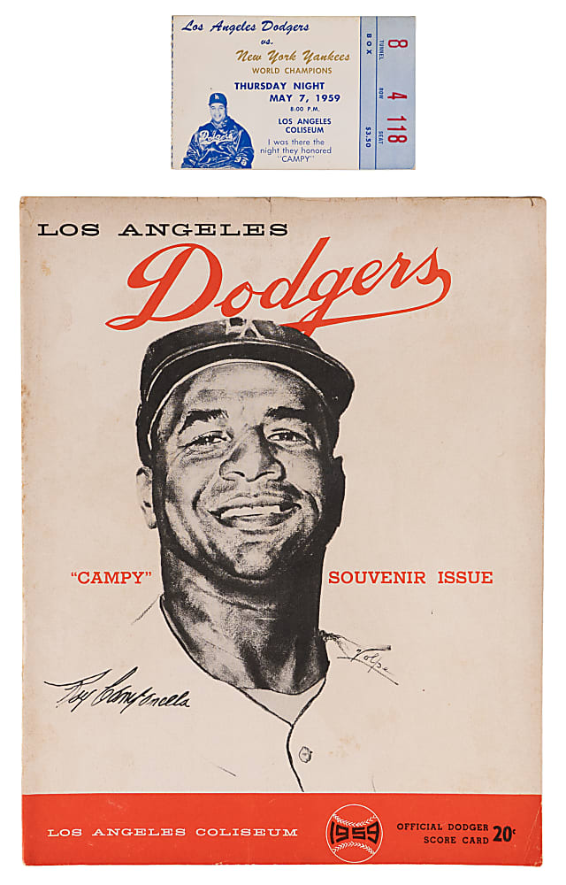 1959 Los Angeles Dodgers Roy Campanella Night Tribute Program & Ticket Stub