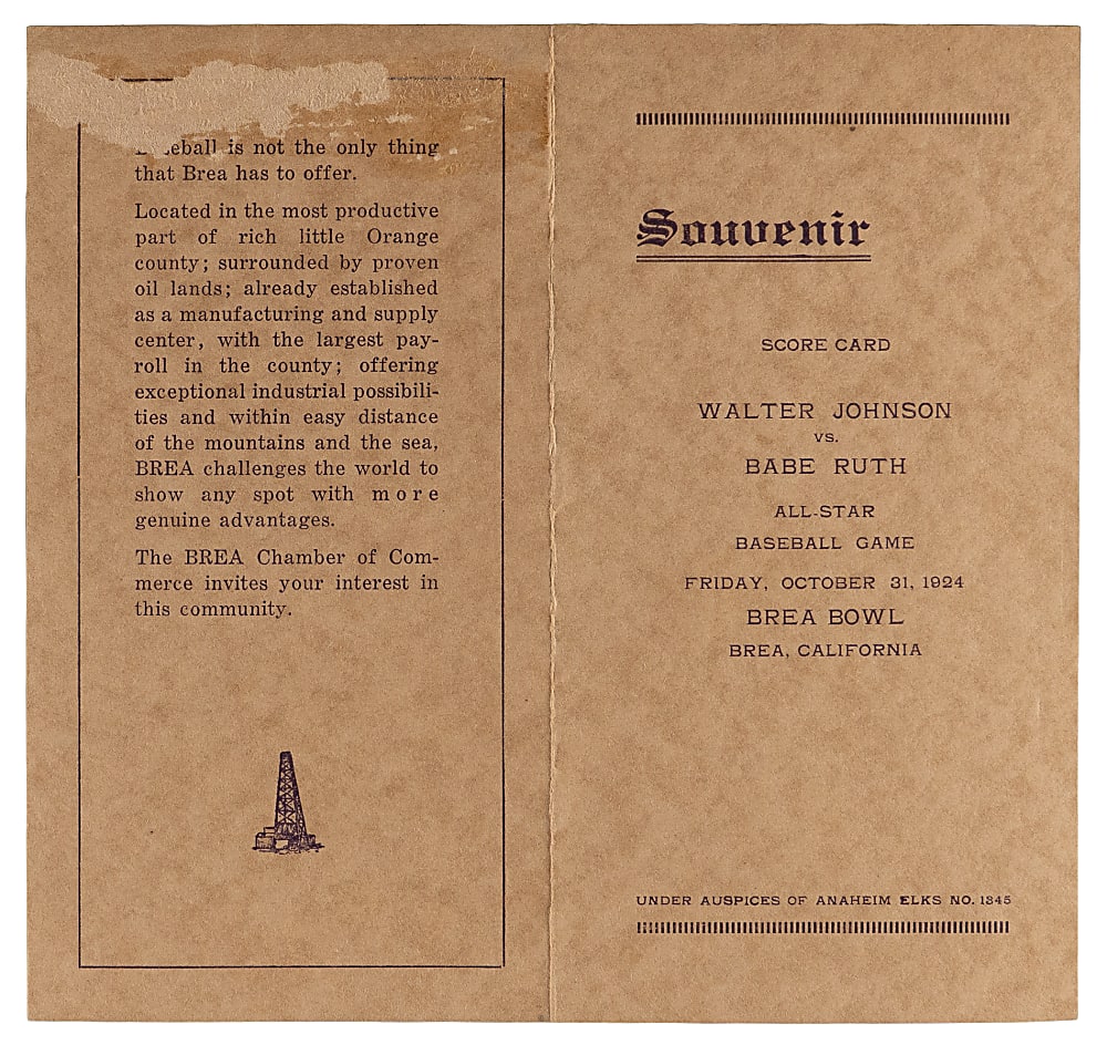 1924 Walter Johnson vs. Babe Ruth All-Star Baseball Game Souvenir Score Card  - Extremely Scarce