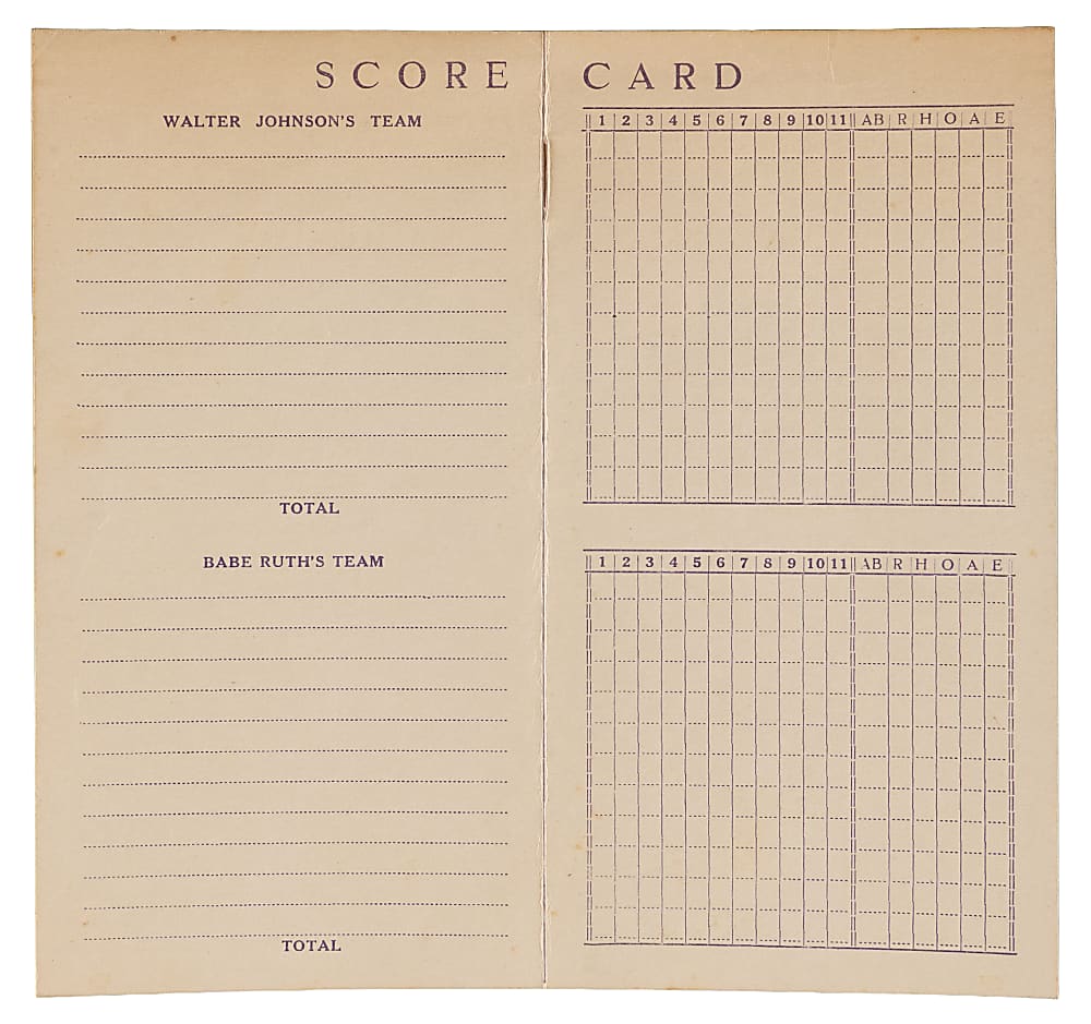 1924 Walter Johnson vs. Babe Ruth All-Star Baseball Game Souvenir Score Card  - Extremely Scarce