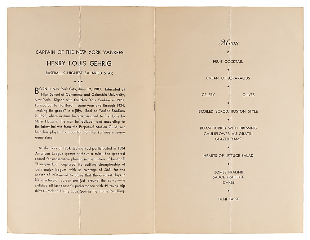 1935 Lou Gehrig Testimonial Dinner Program