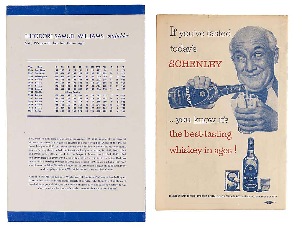 April 30, 1952 Ted Williams Day Program - Williams Game-Winning Home Run in Last At-Bat Before Korean War ServiceService